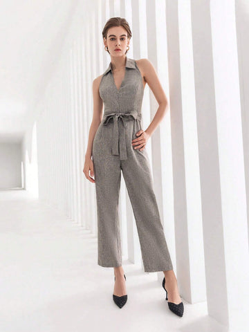 Solid Belted Halter Jumpsuit
