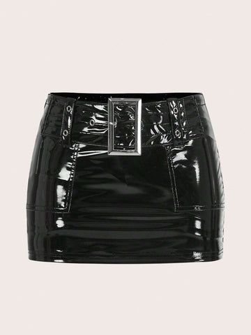 ICON Solid Belted Patent Bodycon Skirt