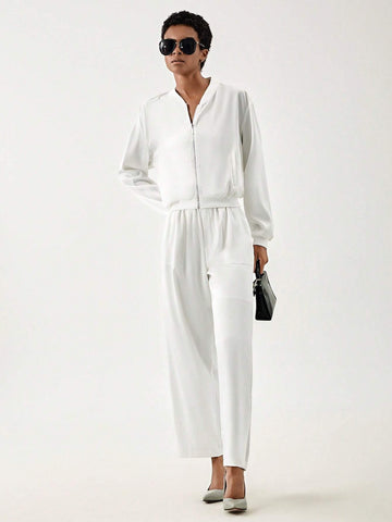 Drop Shoulder Zip Up Jacket & Wide Leg Pants