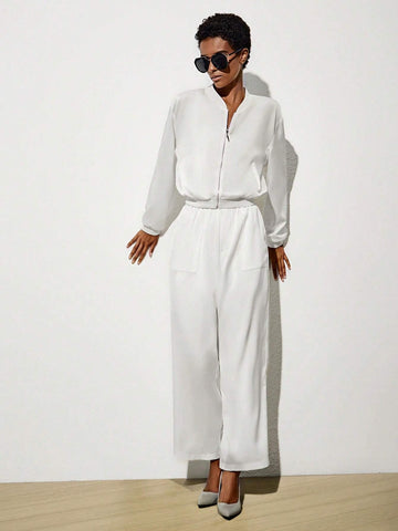 Drop Shoulder Zip Up Jacket & Wide Leg Pants