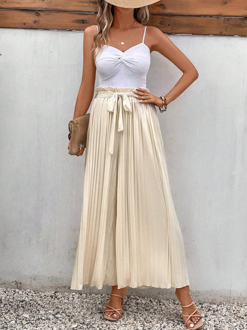 Frenchy Paperbag Waist Belted Pleated Wide Leg Pants