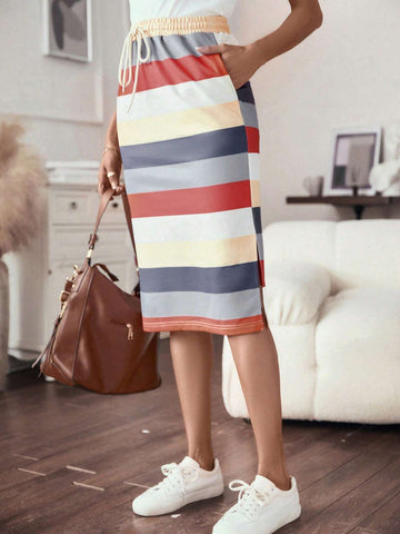 Striped Drawstring Waist Split Thigh Skirt