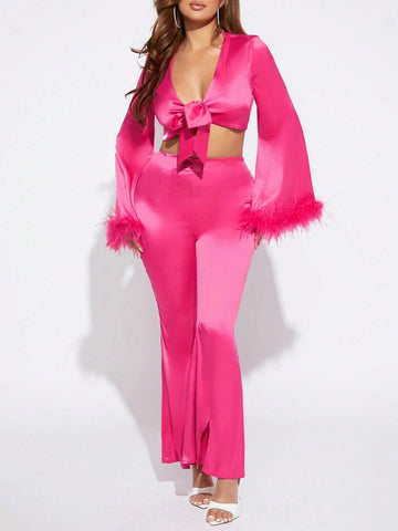 Fuzzy Cuff Knot Front Crop Top & Split Hem Flare Leg Pants