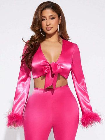 Fuzzy Cuff Knot Front Crop Top & Split Hem Flare Leg Pants