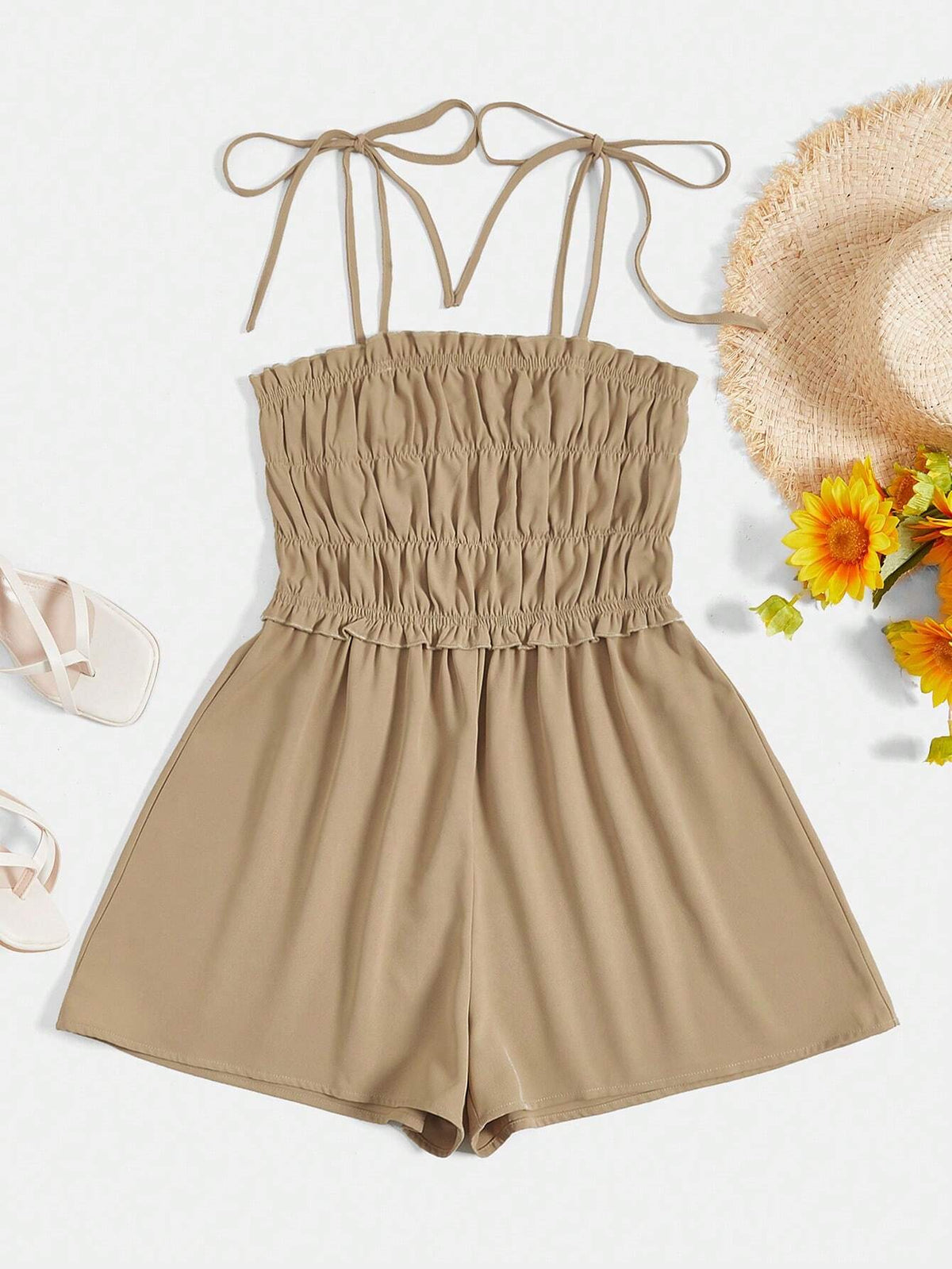 Tie Shoulder Ruched Bust Frill Trim Cami Romper