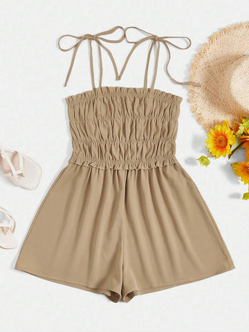 Tie Shoulder Ruched Bust Frill Trim Cami Romper