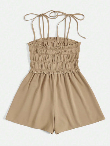 Tie Shoulder Ruched Bust Frill Trim Cami Romper