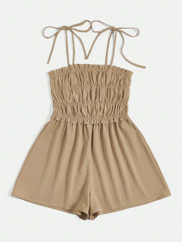 Tie Shoulder Ruched Bust Frill Trim Cami Romper