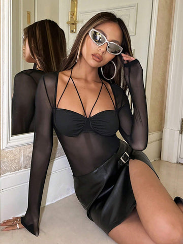 Ruched Bust Tie Back Mesh Bodysuit