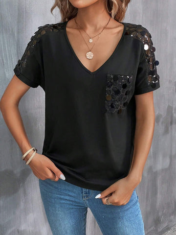 Contrast Sequin Pocket Patched Tee