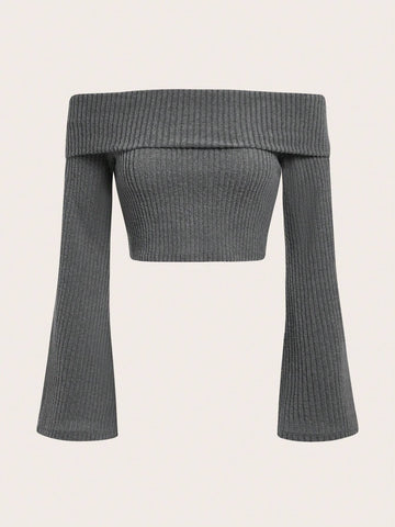 Off Shoulder Trumpet Sleeve Crop Tee