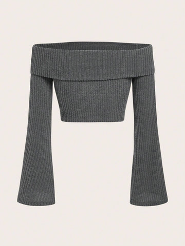 Off Shoulder Trumpet Sleeve Crop Tee