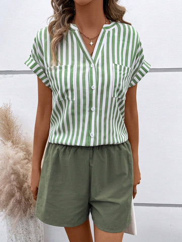 Striped Print Batwing Sleeve Shirt & Shorts