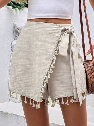 Frenchy Tassel Trim Wrap Knot Side Skort