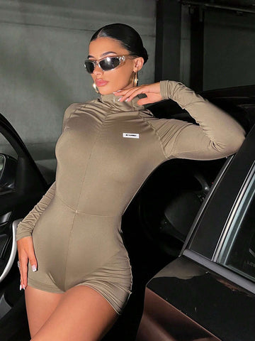 Letter Patched Detail Raglan Sleeve Zip Up Unitard Romper
