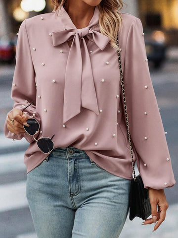 Pearls Beaded Tie Neck Lantern Sleeve Blouse