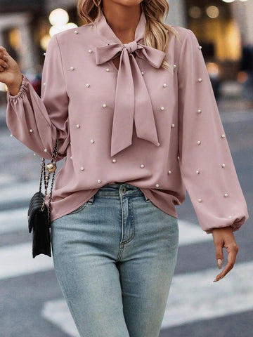 Pearls Beaded Tie Neck Lantern Sleeve Blouse