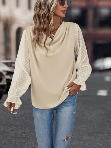 Draped Collar Flare Sleeve Blouse
