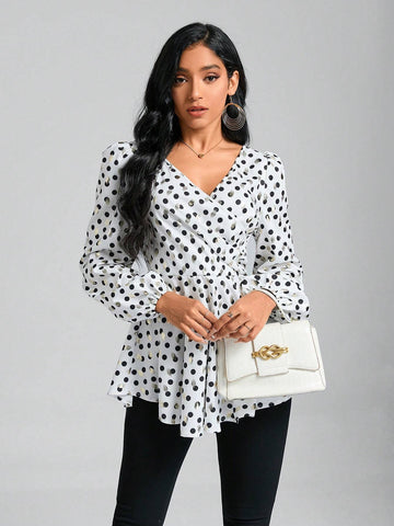 Polka Dot Print Lantern Sleeve Peplum Blouse