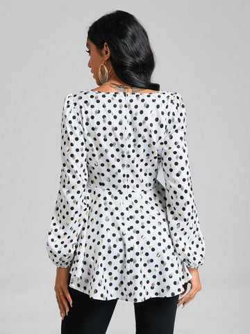 Polka Dot Print Lantern Sleeve Peplum Blouse