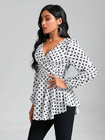 Polka Dot Print Lantern Sleeve Peplum Blouse