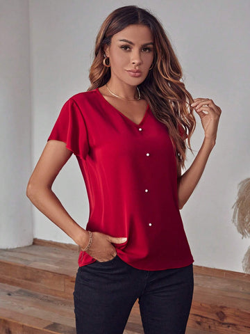 Pearls Beaded V Neck Blouse