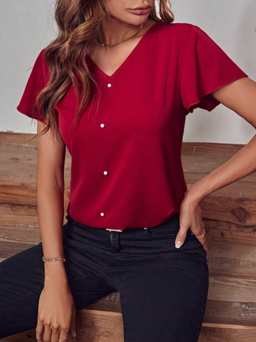 Pearls Beaded V Neck Blouse