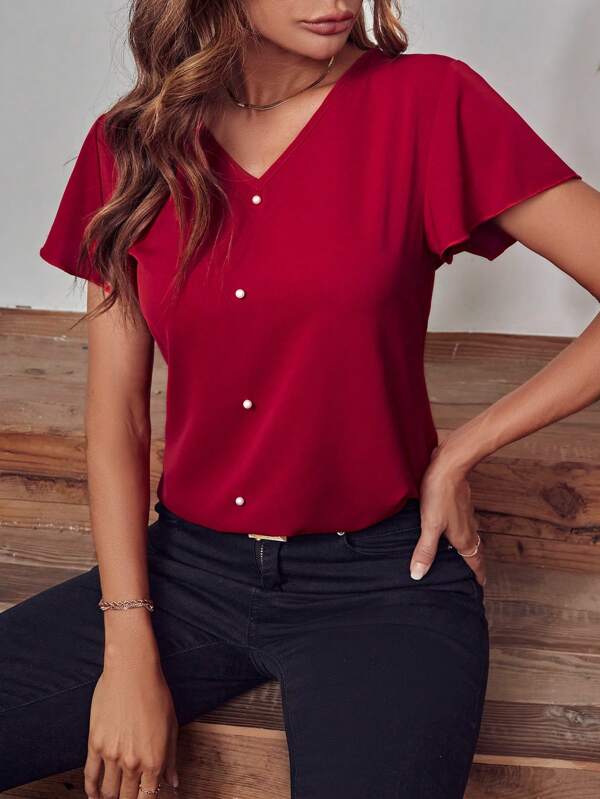 Pearls Beaded V Neck Blouse
