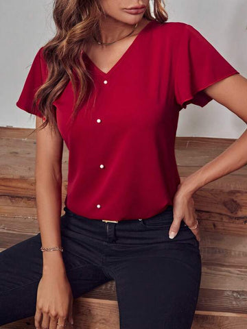 Pearls Beaded V Neck Blouse