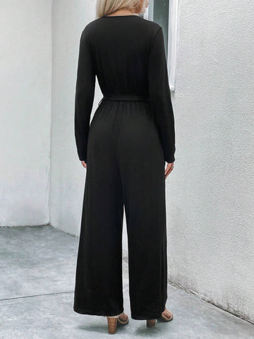 Guipure Lace Slant Pocket Belted Jumpsuit