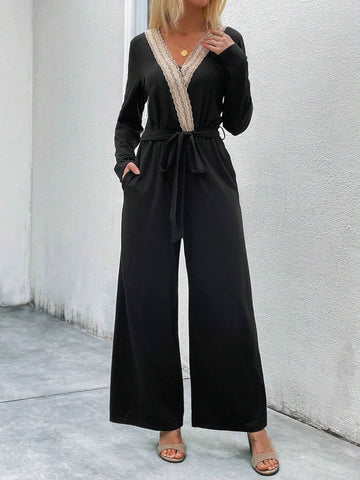 Guipure Lace Slant Pocket Belted Jumpsuit