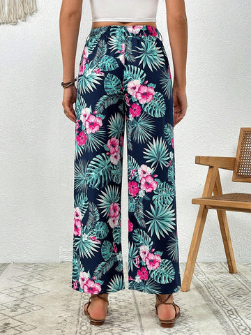 VCAY Tropical Print Tie Front Wide Leg Pants