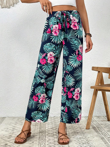 VCAY Tropical Print Tie Front Wide Leg Pants