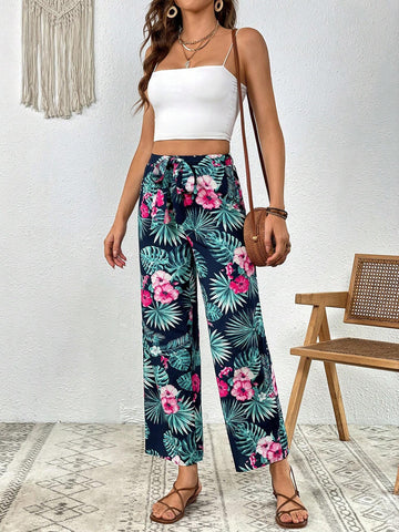 VCAY Tropical Print Tie Front Wide Leg Pants
