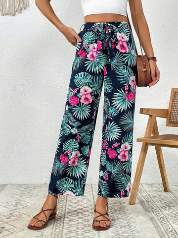 VCAY Tropical Print Tie Front Wide Leg Pants