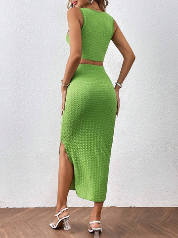 Solid Crop Tank Top & Split Thigh Skirt