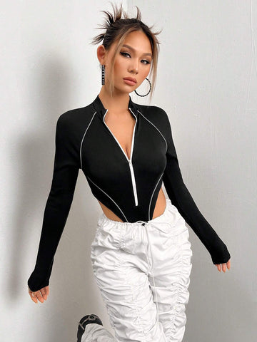 Contrast Piping Zip Front Raglan Sleeve Bodysuit