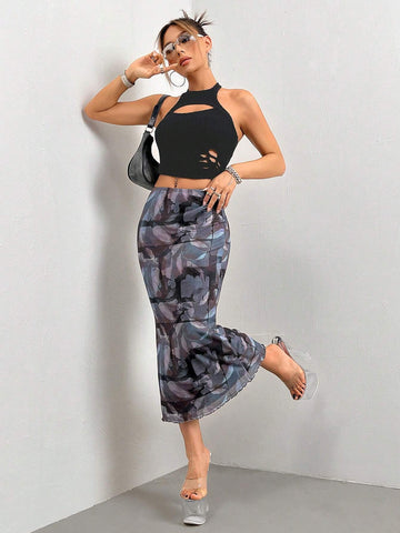 ICON Allover Print Mermaid Hem Mesh Skirt