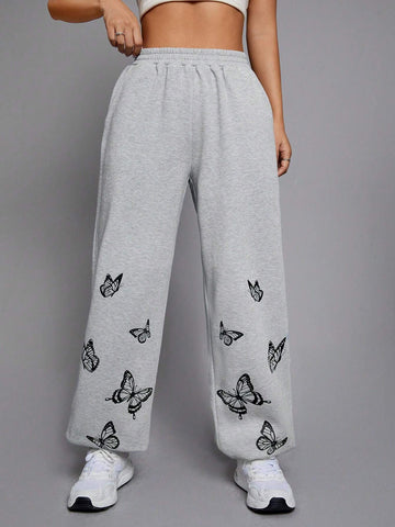 EZwear Butterfly Print Elastic Waist Sweatpants