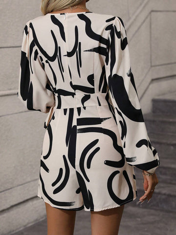 Graphic Print Lantern Sleeve Belted Romper
