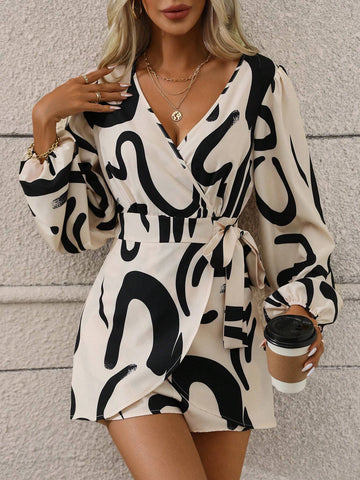 Graphic Print Lantern Sleeve Belted Romper