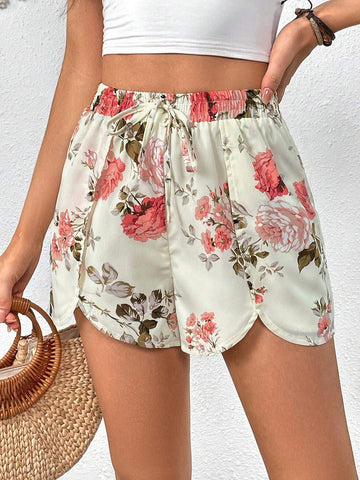 VCAY Floral Print Tulip Hem Tie Front Shorts