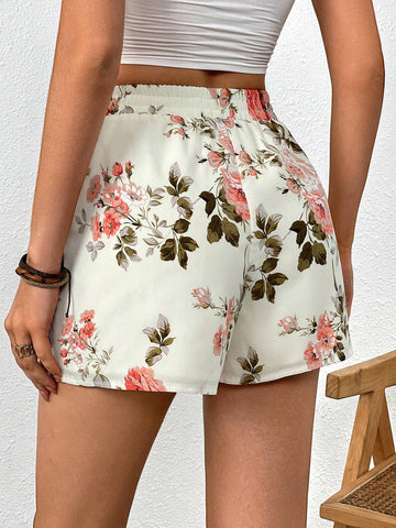 VCAY Floral Print Tulip Hem Tie Front Shorts