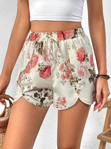 VCAY Floral Print Tulip Hem Tie Front Shorts