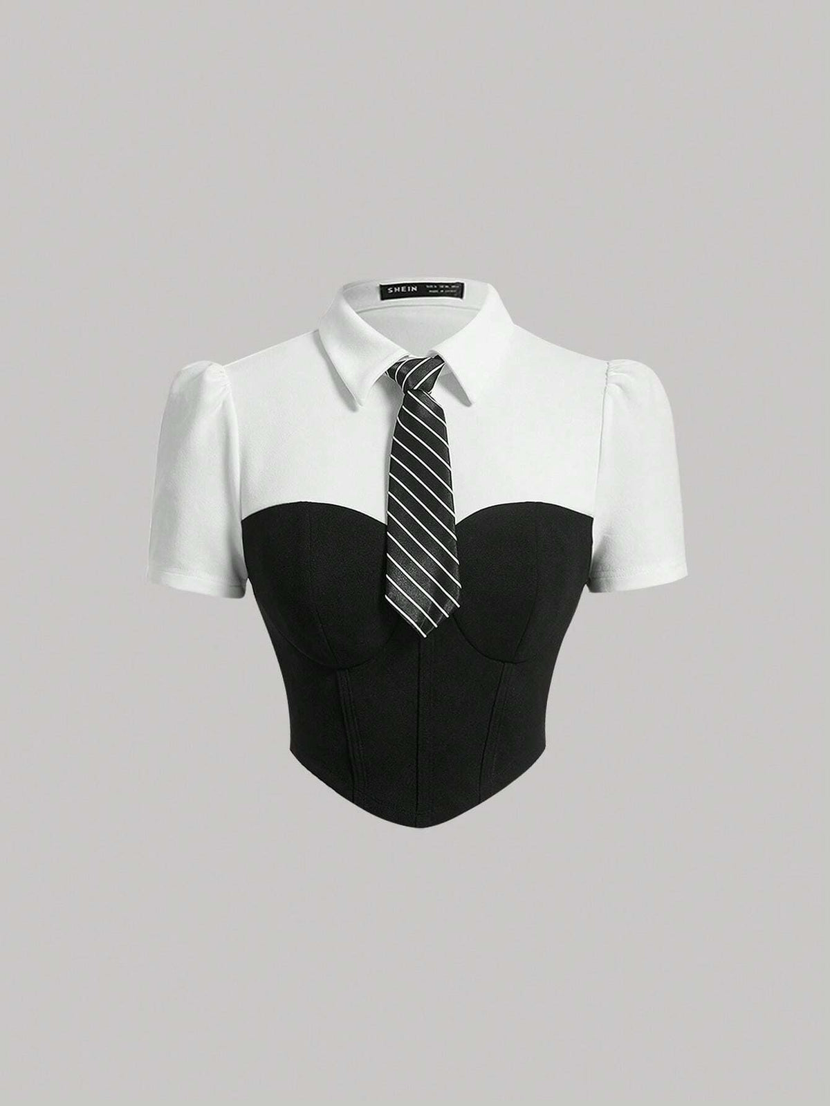 Colorblock Asymmetrical Hem Crop Tee With Necktie