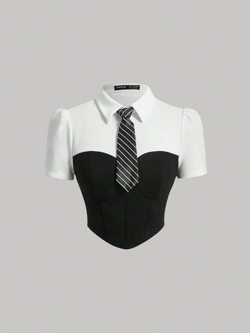 Colorblock Asymmetrical Hem Crop Tee With Necktie