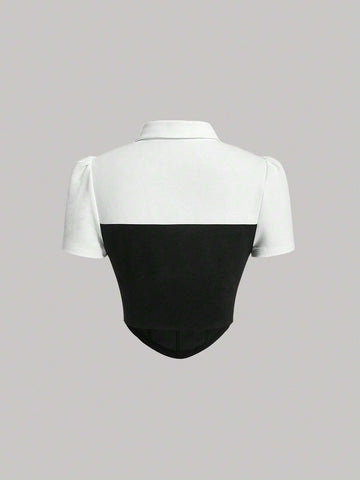 Colorblock Asymmetrical Hem Crop Tee With Necktie