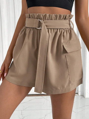 Paperbag Waist Flap Pocket Belted Cargo Shorts