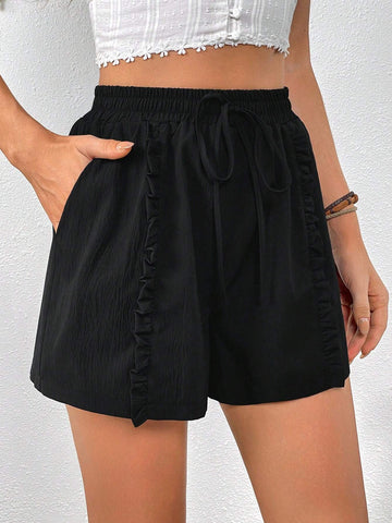 VCAY Frill Trim Drawstring Waist Frill Trim Shorts