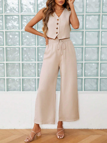 Button Front Vest Jacket & Drawstring Waist Wide Leg Pants